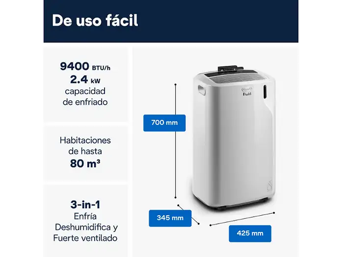 Aire acondicionado portátil - De'Longhi Pinguino PACEMK82, 2350 frig/h, 2.4kW, 80m³, 3 en 1, Función deshumidificador, 63dB, Gas Eco-Friendly, Blanco - Imagen 3